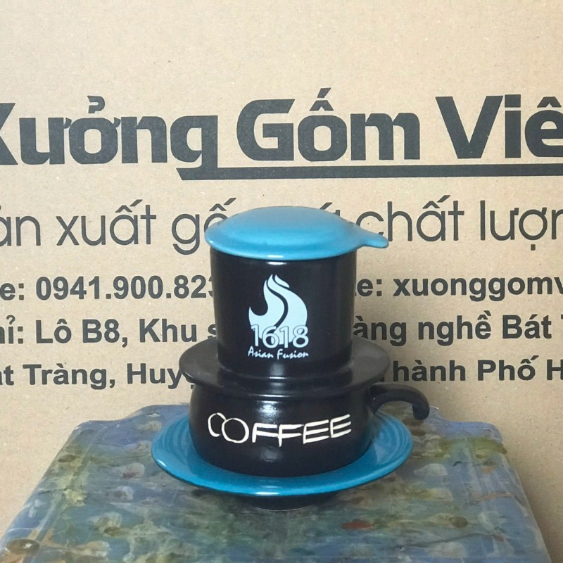 Bộ phin cafe in logo dáng lùn màu đen và xanh dương BPCF-03