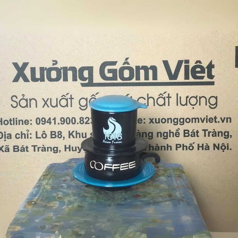 Bộ phin cafe in logo dáng lùn màu đen và xanh dương BPCF-03
