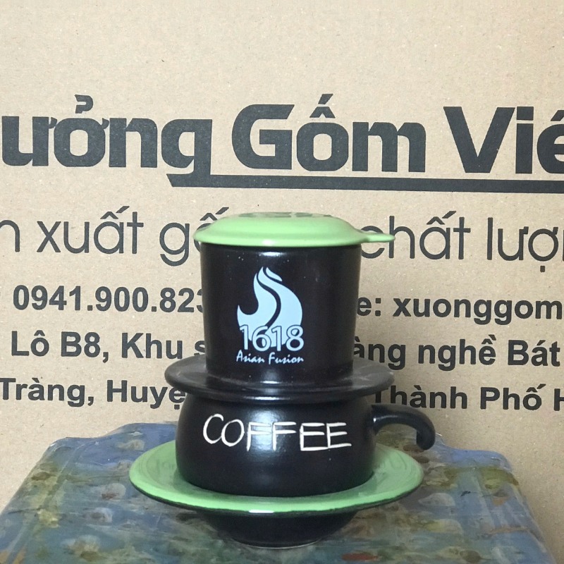 Bộ phin cafe in logo dáng lùn màu đen và xanh lá BPCF-02