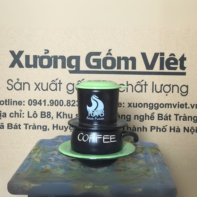 Bộ phin cafe in logo dáng lùn màu đen và xanh lá BPCF-02