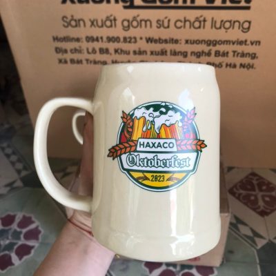 Ca bia in logo dáng trụ quai C màu kem 500ml CB-03