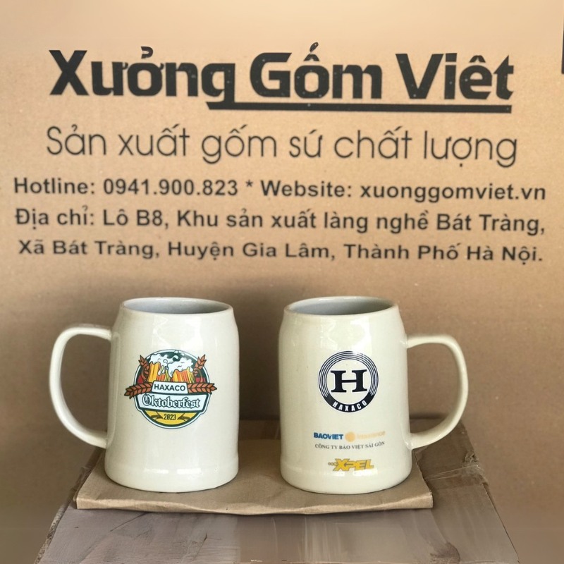 Ca bia in logo dáng trụ quai C màu kem 500ml CB-03