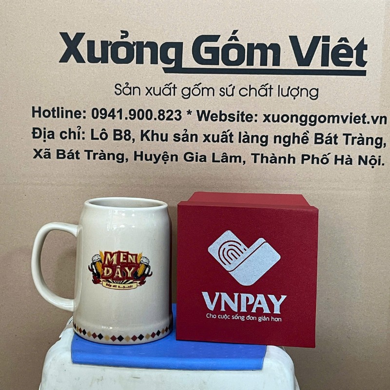 Ca bia in logo dáng trụ quai C màu kem 500ml CB-05
