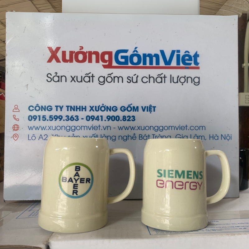 Ca bia in logo dáng trụ quai C màu kem 500ml CB-07