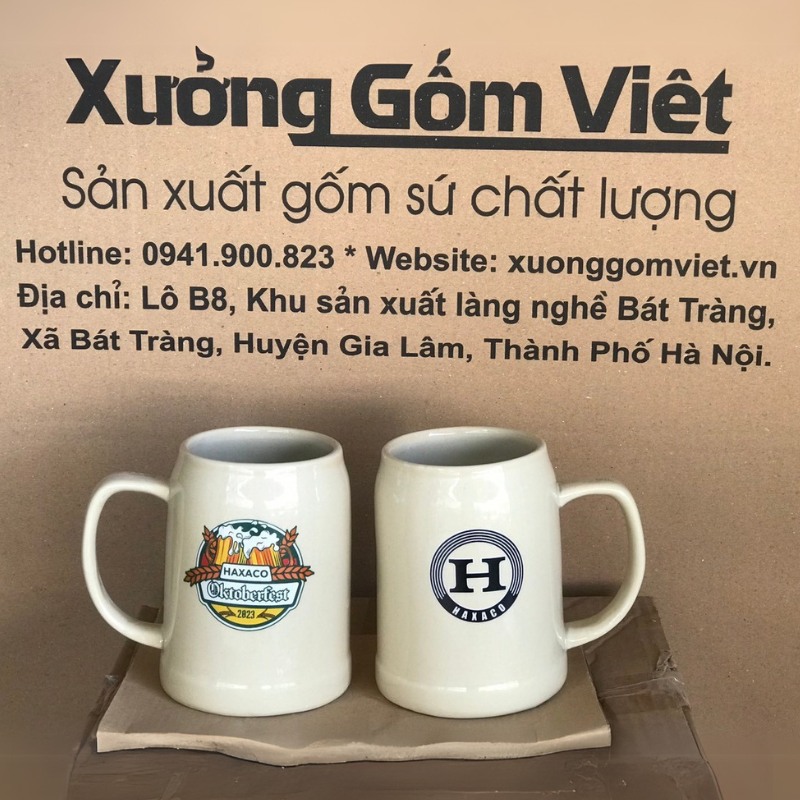 Ca bia in logo dáng trụ quai C màu kem 500ml CB-03