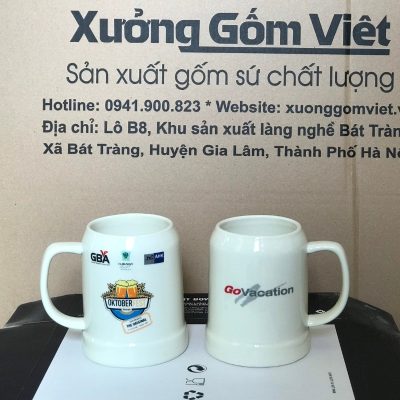 Ca bia in logo dáng trụ quai C màu trắng 500ml CB-01