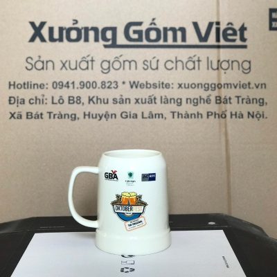 Ca bia in logo dáng trụ quai C màu trắng 500ml CB-01