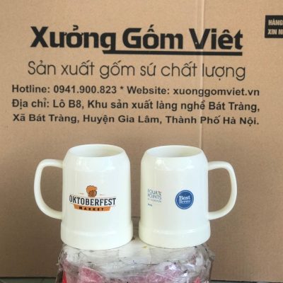 Ca bia in logo dáng trụ quai C màu trắng 500ml CB-02