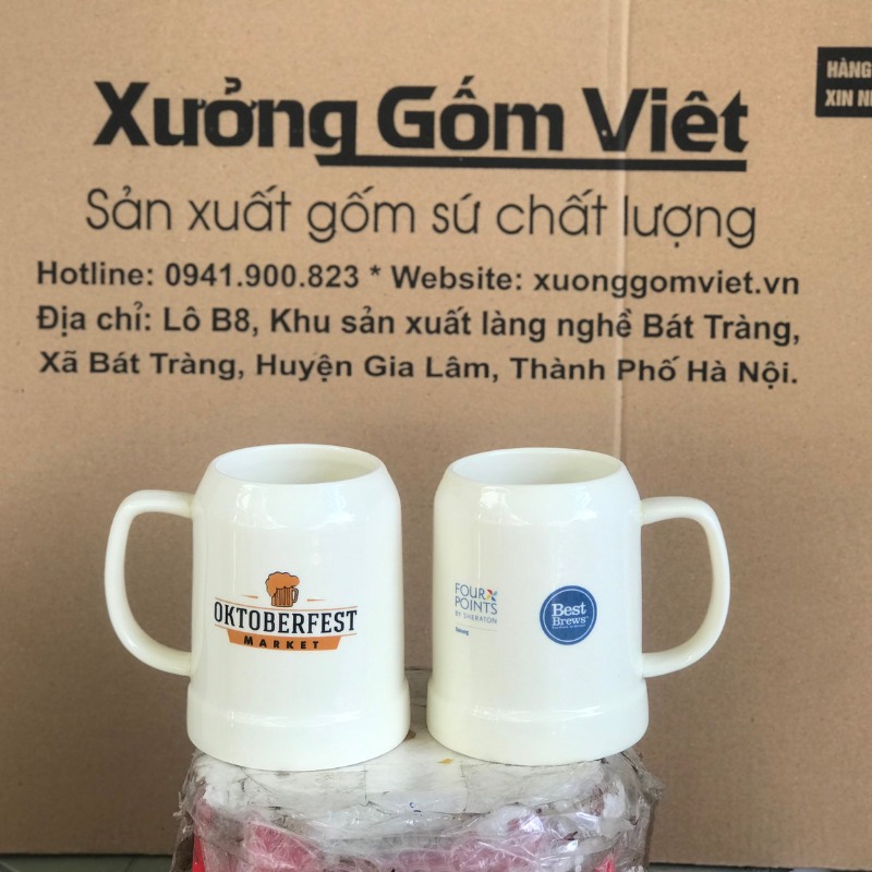 Ca bia in logo dáng trụ quai C màu trắng 500ml CB-02