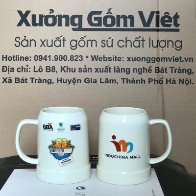 Ca bia in logo dáng trụ quai C màu trắng 500ml CB-01