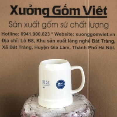 Ca bia in logo dáng trụ quai C màu trắng 500ml CB-02