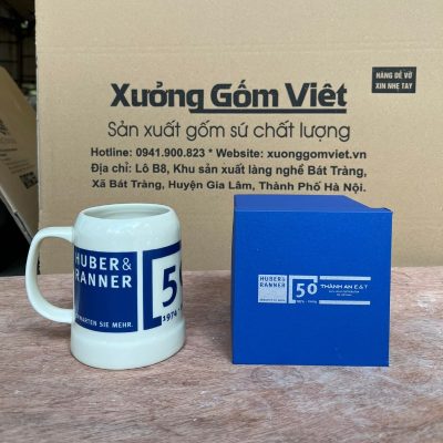 Ca bia in logo dáng trụ quai C màu trắng 500ml CB-04