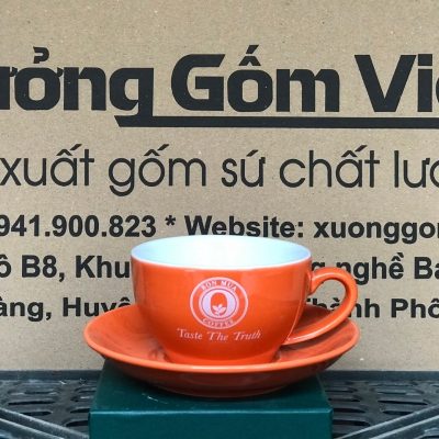 Ly sứ cafe in logo kèm đĩa màu cam và trắng dung tích 220ml LSCF-04