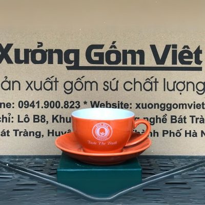 Ly sứ cafe in logo kèm đĩa màu cam và trắng dung tích 220ml LSCF-04