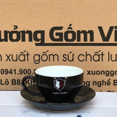 Ly sứ cafe in logo kèm đĩa màu đen và trắng dung tích 220ml LSCF-02