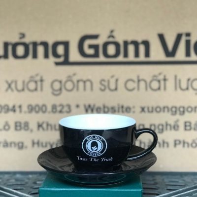 Ly sứ cafe in logo kèm đĩa màu đen và trắng dung tích 220ml LSCF-07