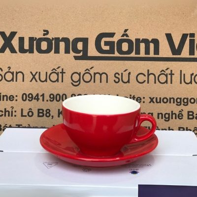 Ly sứ cafe in logo kèm đĩa màu đỏ dung tích 220ml LSCF-01