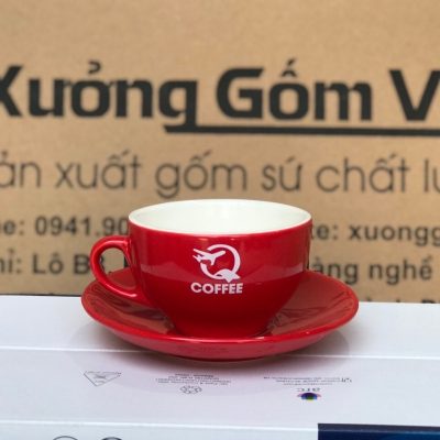 Ly sứ cafe in logo kèm đĩa màu đỏ dung tích 220ml LSCF-01
