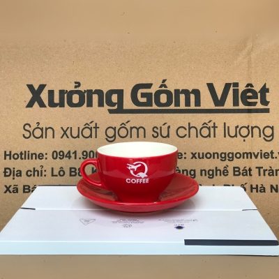 Ly sứ cafe in logo kèm đĩa màu đỏ dung tích 220ml LSCF-01