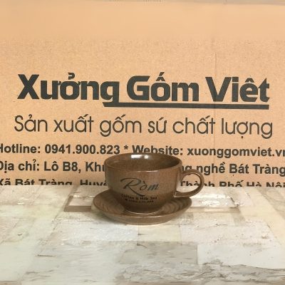 Ly sứ cafe in logo kèm đĩa màu nâu dung tích 220ml LSCF-09