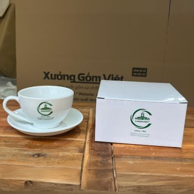 Ly sứ cafe in logo kèm đĩa màu trắng dung tích 220ml LSCF-18