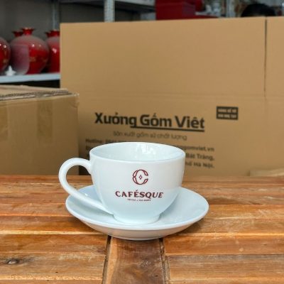 Ly sứ cafe in logo kèm đĩa màu trắng dung tích 220ml LSCF-20