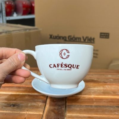 Ly sứ cafe in logo kèm đĩa màu trắng dung tích 220ml LSCF-20