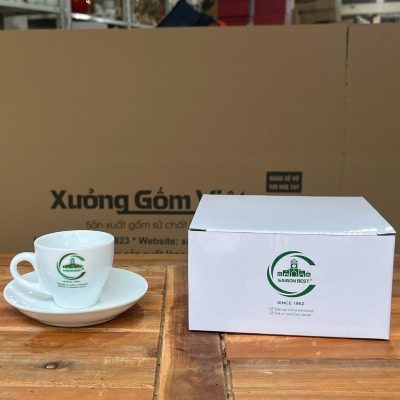 Ly sứ cafe in logo kèm đĩa màu trắng dung tích 90ml LSCF-17