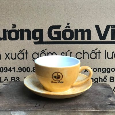Ly sứ cafe in logo kèm đĩa màu vàng loang và trắng dung tích 220ml LSCF-10