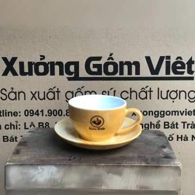Ly sứ cafe in logo kèm đĩa màu vàng loang và trắng dung tích 220ml LSCF-10