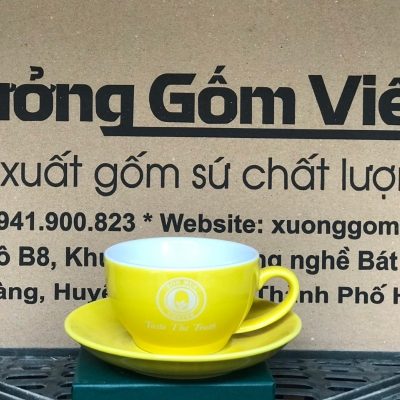 Ly sứ cafe in logo kèm đĩa màu vàng và trắng dung tích 220ml LSCF-05