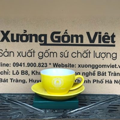 Ly sứ cafe in logo kèm đĩa màu vàng và trắng dung tích 220ml LSCF-05
