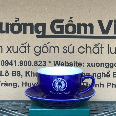 Ly sứ cafe in logo kèm đĩa màu xanh dương đậm và trắng dung tích 220ml LSCF-03