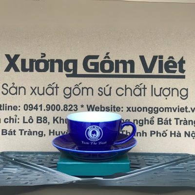 Ly sứ cafe in logo kèm đĩa màu xanh dương đậm và trắng dung tích 220ml LSCF-03