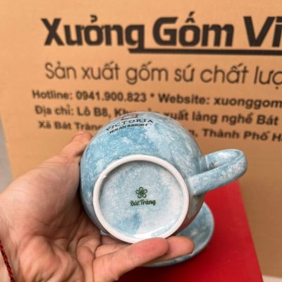 Ly sứ cafe in logo kèm đĩa màu xanh dương loang và trắng dung tích 220ml LSCF-13