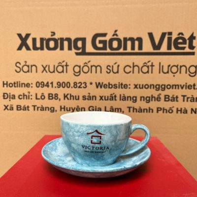 Ly sứ cafe in logo kèm đĩa màu xanh dương loang và trắng dung tích 220ml LSCF-13