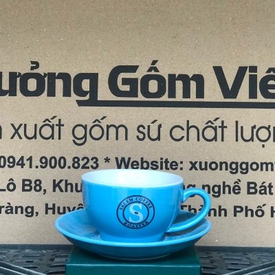 Ly sứ cafe in logo kèm đĩa màu xanh dương và trắng dung tích 220ml LSCF-06