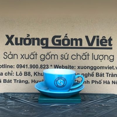 Ly sứ cafe in logo kèm đĩa màu xanh dương và trắng dung tích 220ml LSCF-06