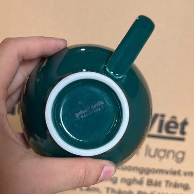 Ly sứ cafe in logo màu xanh lá đậm và trắng kẽ viền vàng dung tích 220ml LSCF-16