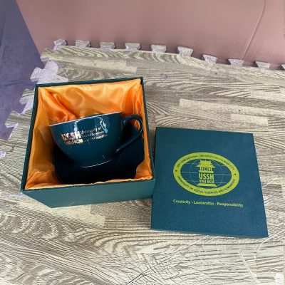 Ly sứ cafe in logo kèm đĩa màu xanh navy và trắng dung tích 220ml LSCF-14