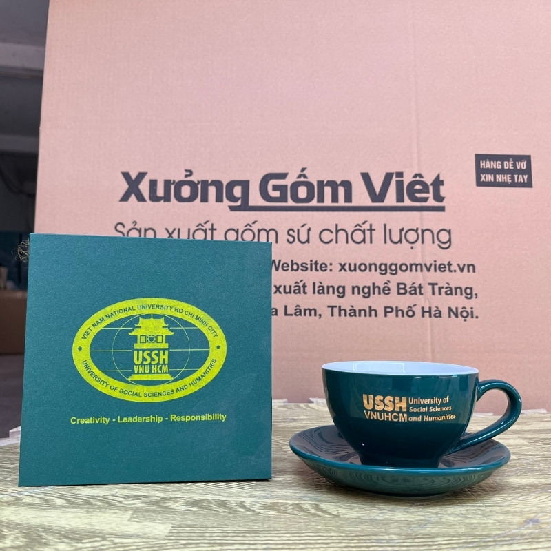 Ly sứ cafe in logo kèm đĩa màu xanh navy và trắng dung tích 220ml LSCF-14