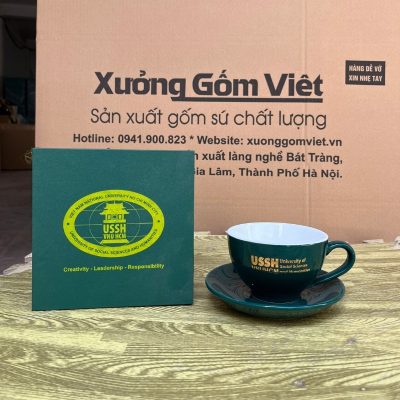 Ly sứ cafe in logo kèm đĩa màu xanh navy và trắng dung tích 220ml LSCF-14