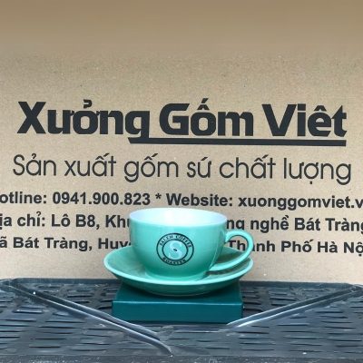 Ly sứ cafe in logo kèm đĩa màu xanh ngọc và trắng dung tích 220ml LSCF-08