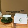 Ly sứ cafe in logo kèm đĩa màu xanh rêu và trắng dung tích 220ml LSCF-19