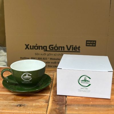 Ly sứ cafe in logo kèm đĩa màu xanh rêu và trắng dung tích 220ml LSCF-19