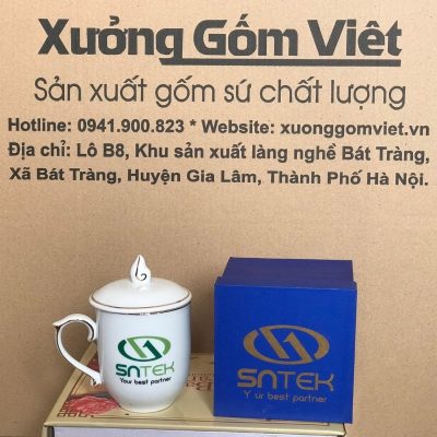 Ly sứ trắng in logo dáng ngọn lửa có nắp quai bán tim 350ml LST-49