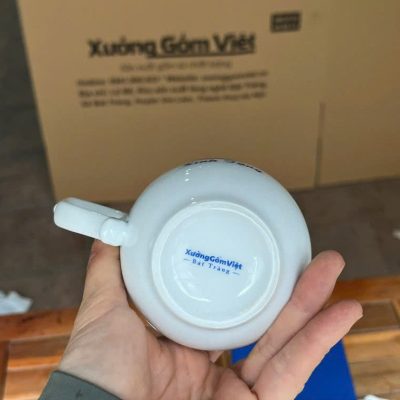 Ly sứ trắng in logo dáng ngọn lửa có nắp quai bán tim 350ml LST-52