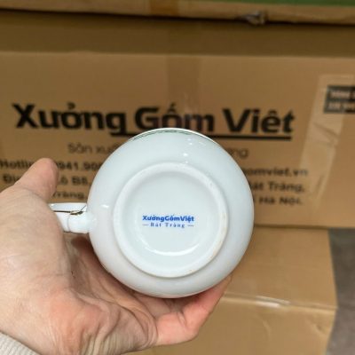 Ly sứ trắng in logo dáng ngọn lửa có nắp quai bán tim 350ml LST-28