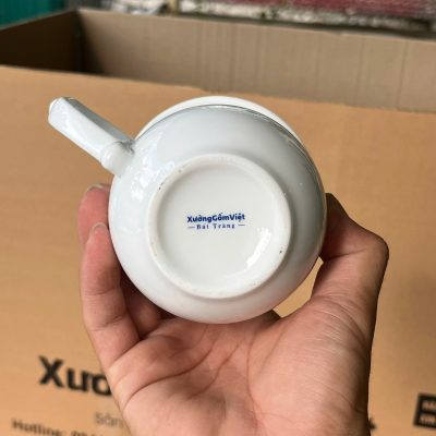 Ly sứ trắng in logo dáng ngọn lửa có nắp quai bán tim 350ml LST-17