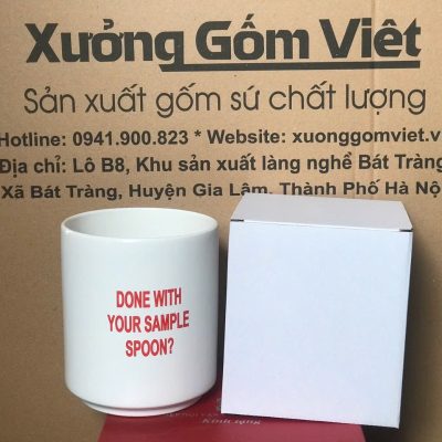 Ly sứ trắng in logo dáng trụ không quai 350ml LST-22